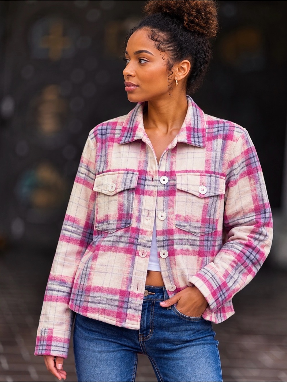 Kut from the Kloth Pink Plaid Shacket Jacket